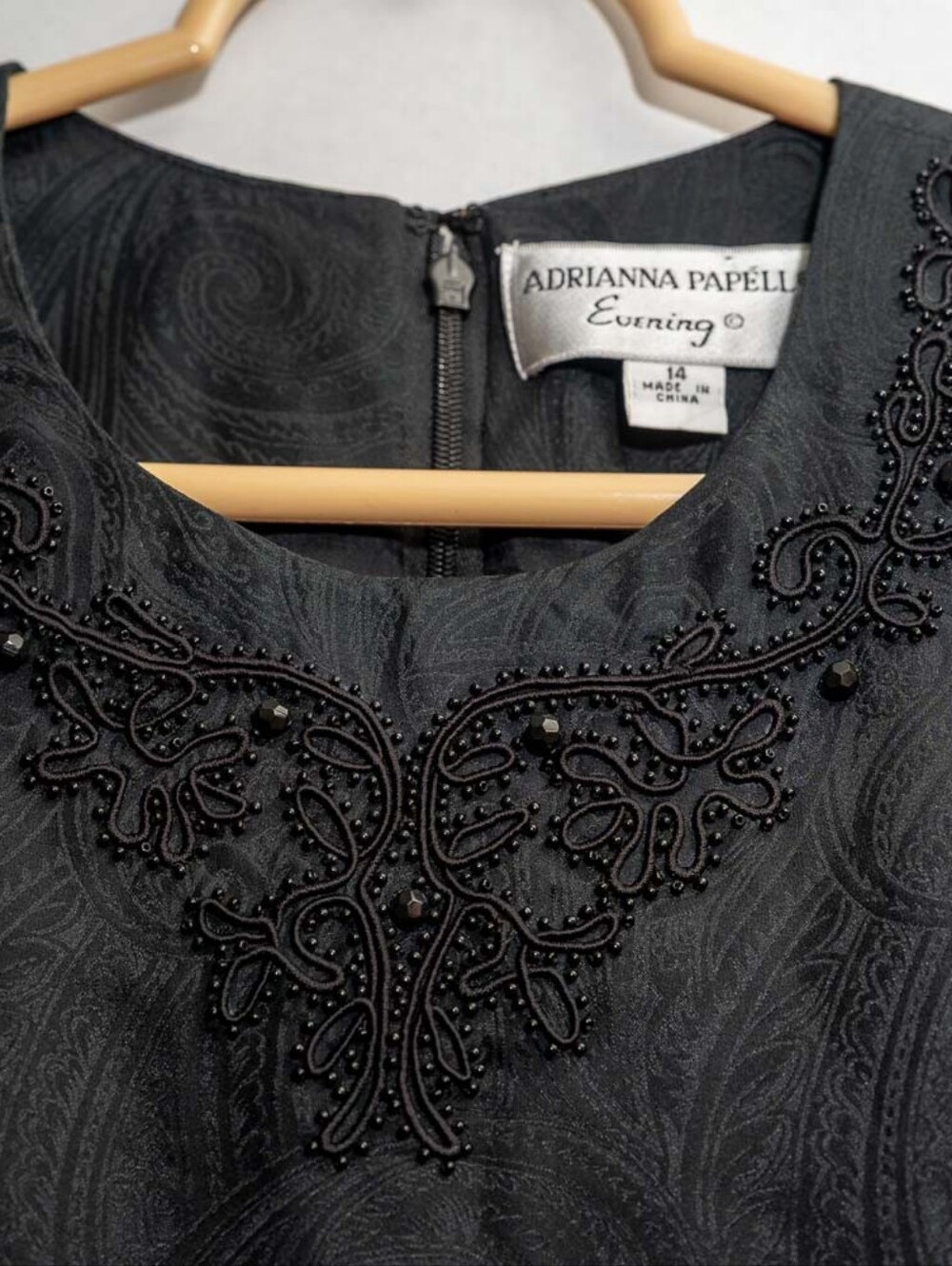 Adrianna Papell Black Silk Midi Dress Embroidered Beaded Waist/Neckline Sz 14